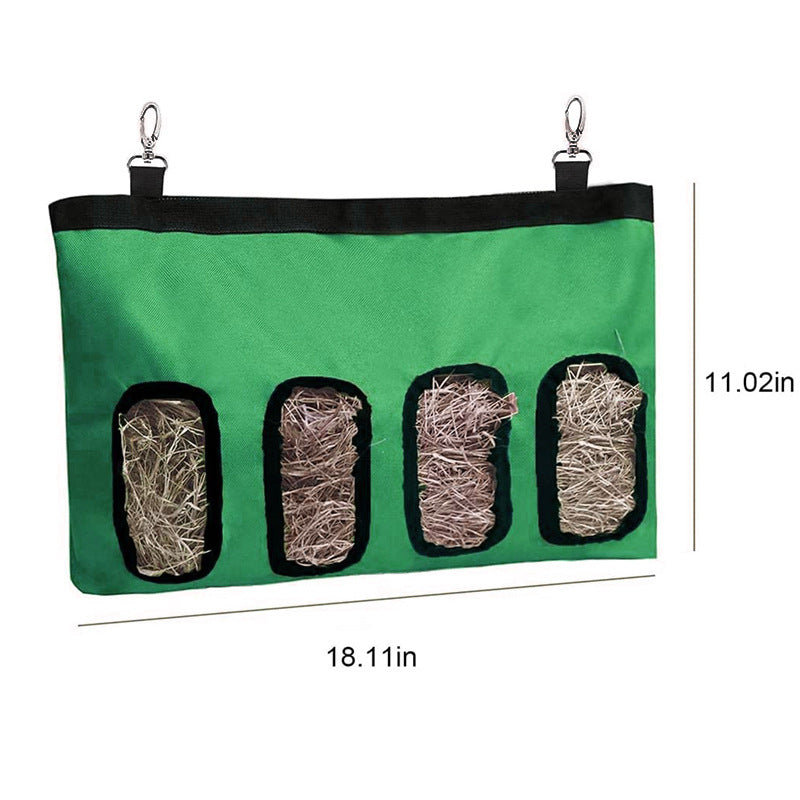 Hanging rabbit hay feeder bag with multiple feeding openings
