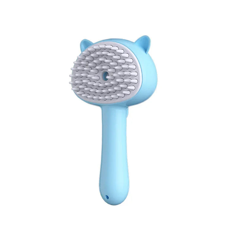 Blue cat-shaped pet grooming brush with soft silicone bristles for gentle deshedding and massage