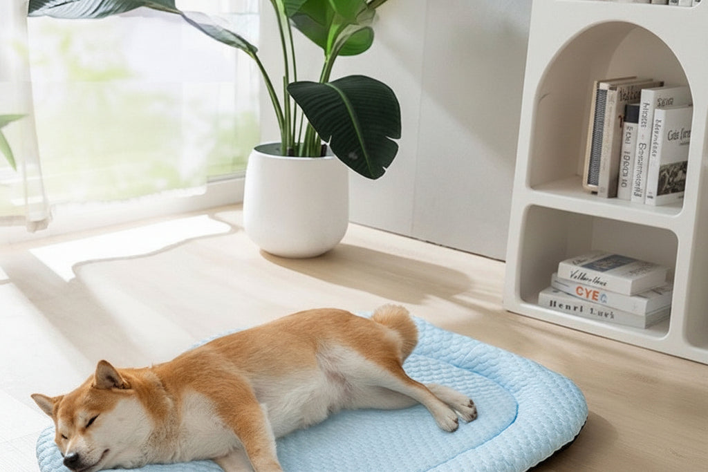 Large blue breathable cooling mat for dogs resting on a wooden floor.