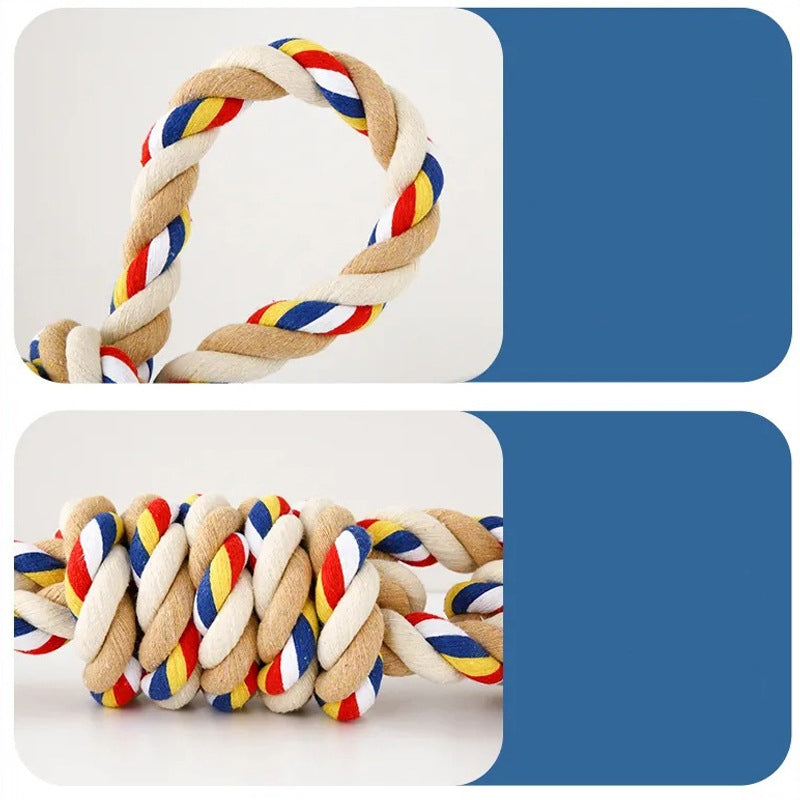 Small dog happily playing with a PawsomeTough rope toy