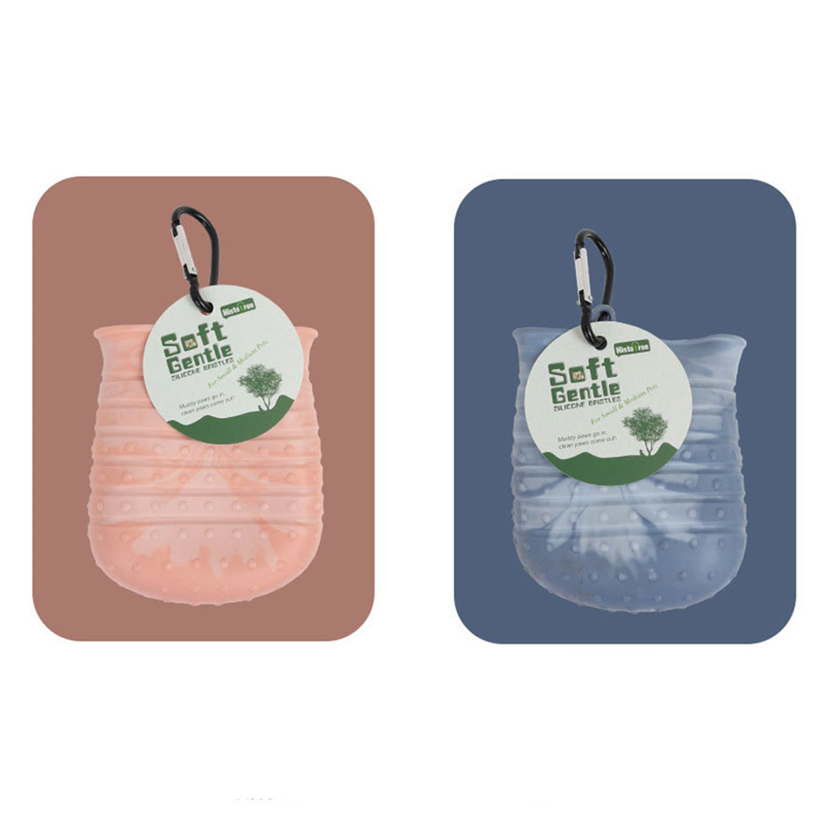 Portable PawClean™ silicone dog paw washer with hanging loop for travel and outdoor adventures.