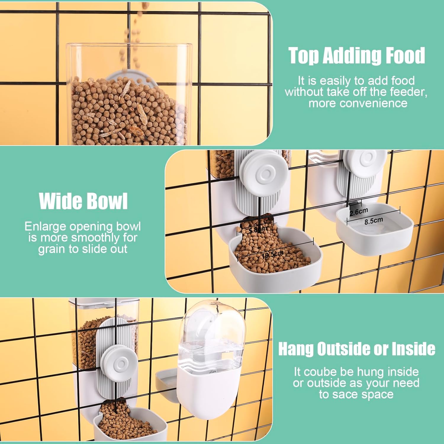 Cage-mounted PawFeast™ pet feeder and water dispenser designed to keep food and water clean.