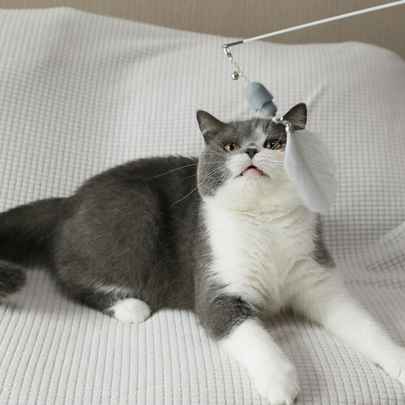 Cat playing with the PawFlutter™ interactive feather cat wand toy.