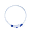 People and dogs wearing glowing PawGlow™ LED collars in low-light conditions