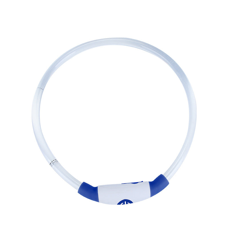 People and dogs wearing glowing PawGlow™ LED collars in low-light conditions