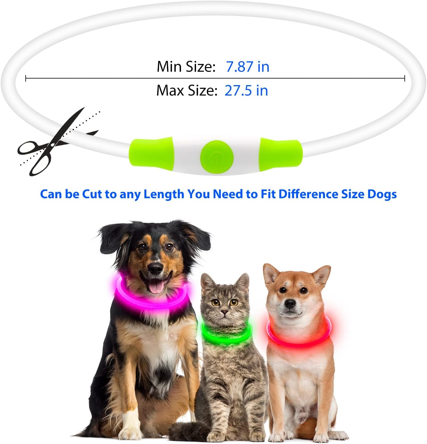 Size guide for the PawGlow™ USB rechargeable LED dog collar