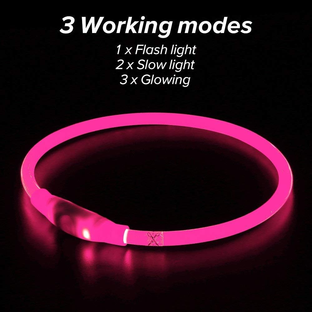 PawGlow™ LED dog collar featuring steady glow, slow flash, and fast flash modes