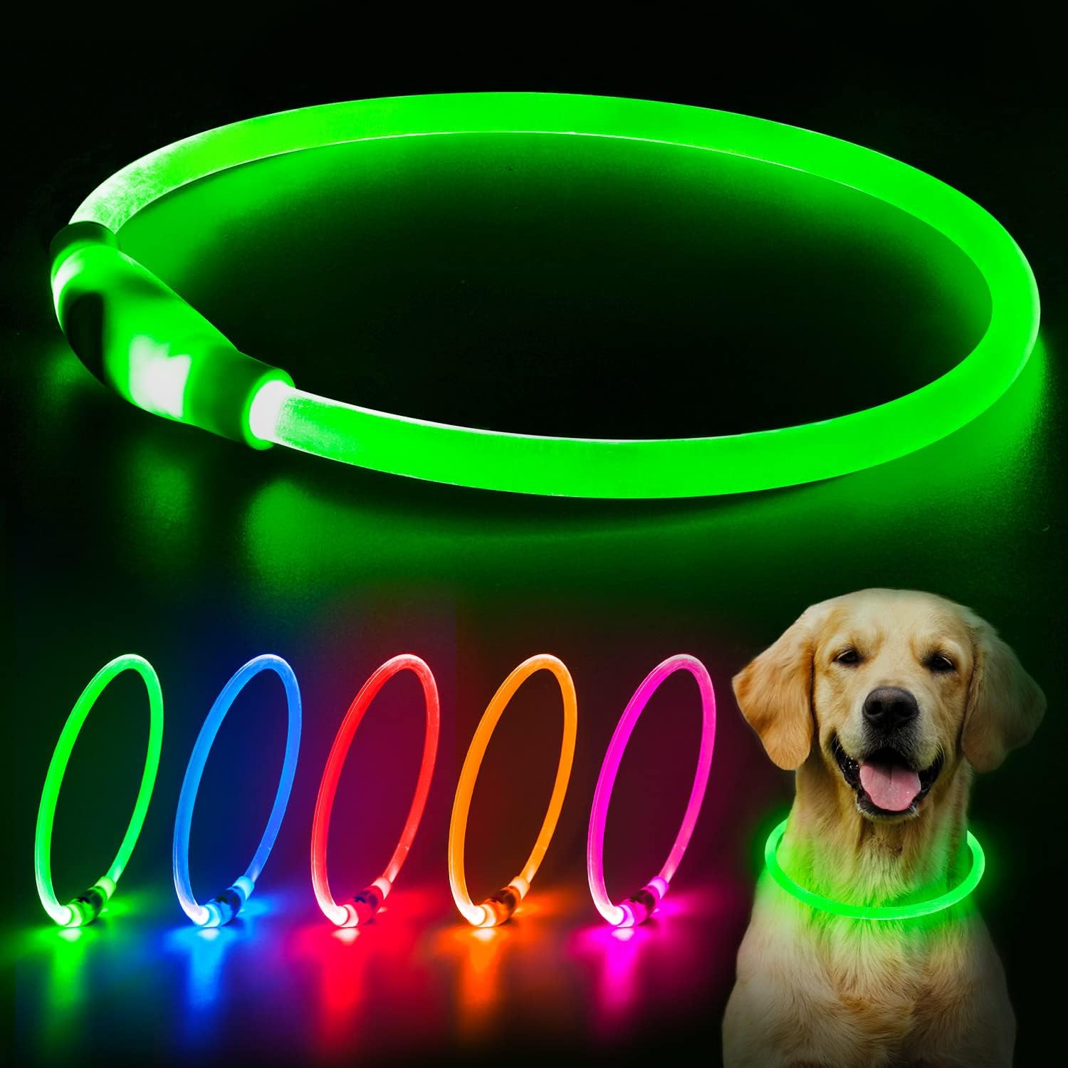 PawGlow™ USB rechargeable LED dog collar glowing green for safer night walks