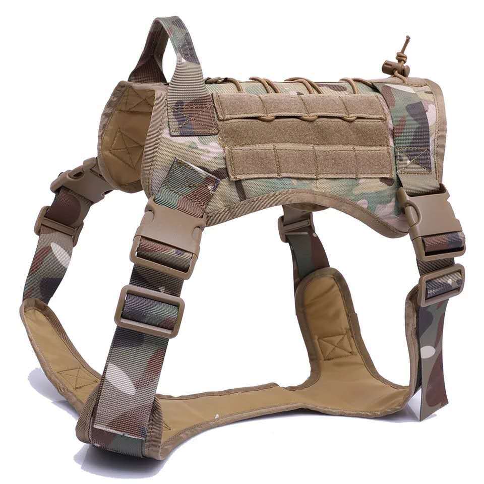PawGuard™ Tactical Dog Harness available in Black, Brown, Army Green, and Camouflage with adjustable sizes M, L, and XL.