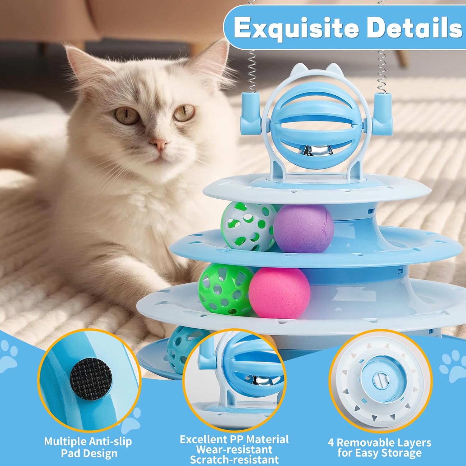 PawPlay 4-Level Interactive Cat Puzzle Tower in blue with rolling balls and teaser toys