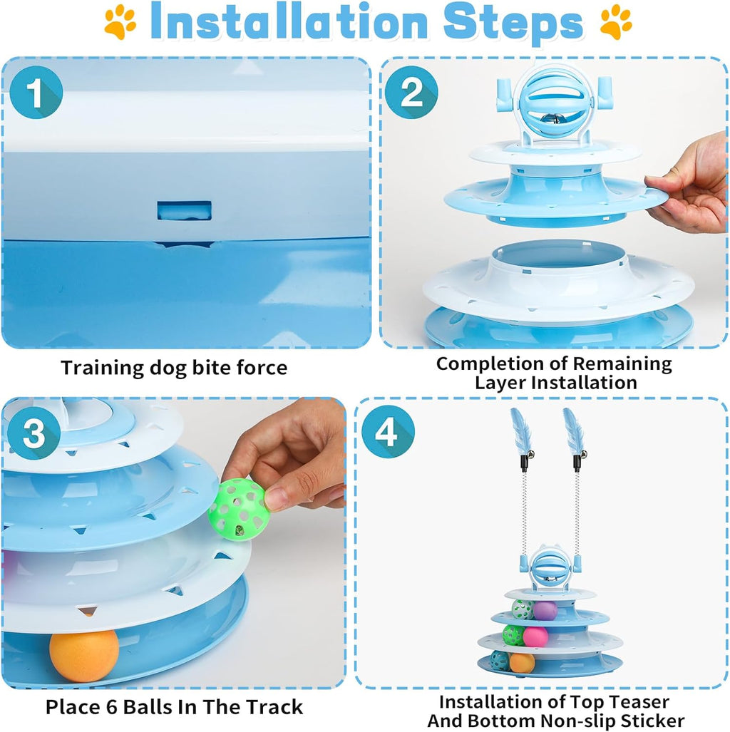 Cat playing with the blue PawPlay interactive puzzle tower toy