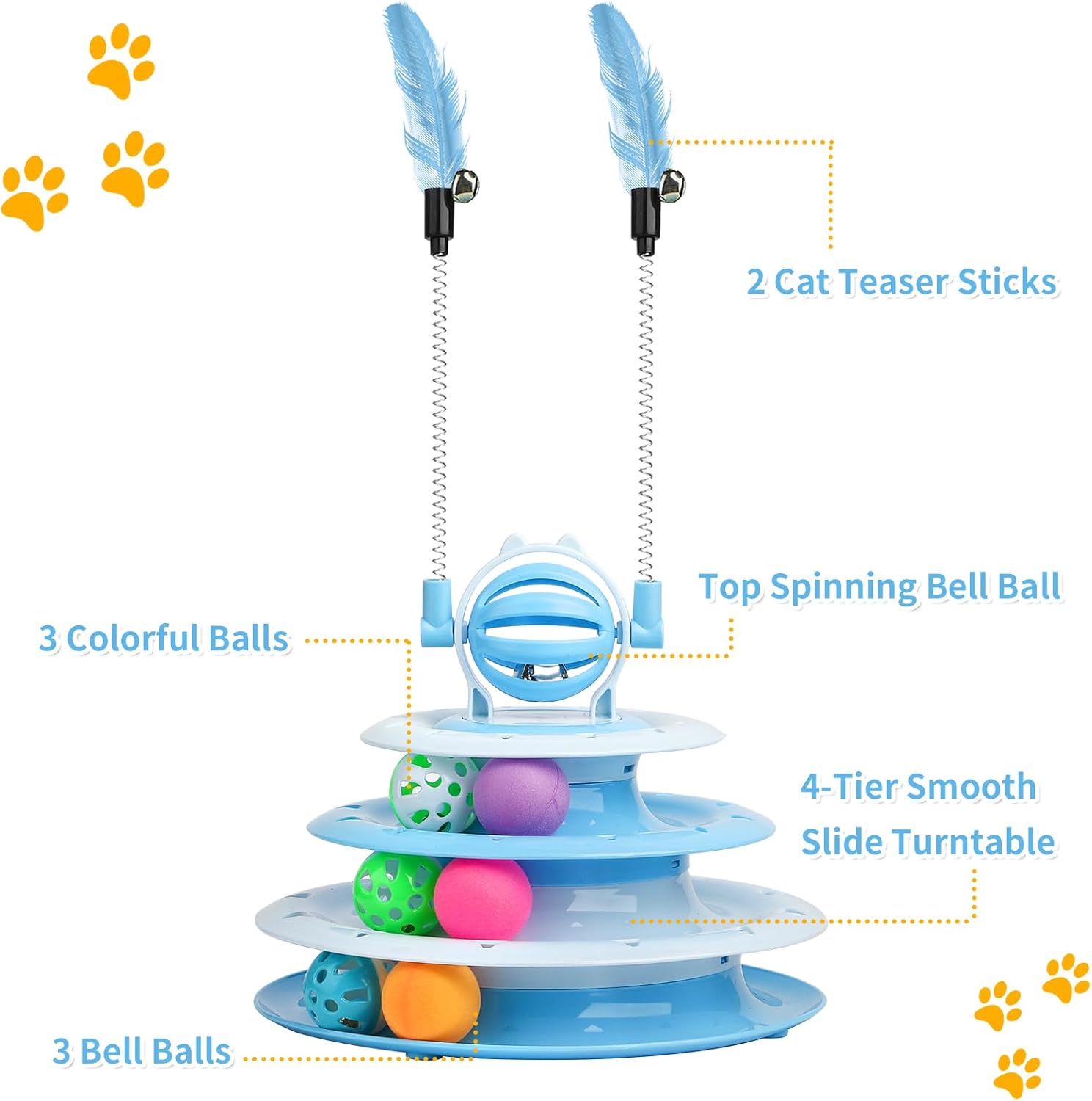 Features of the PawPlay interactive cat puzzle tower showing teaser rods and rolling balls