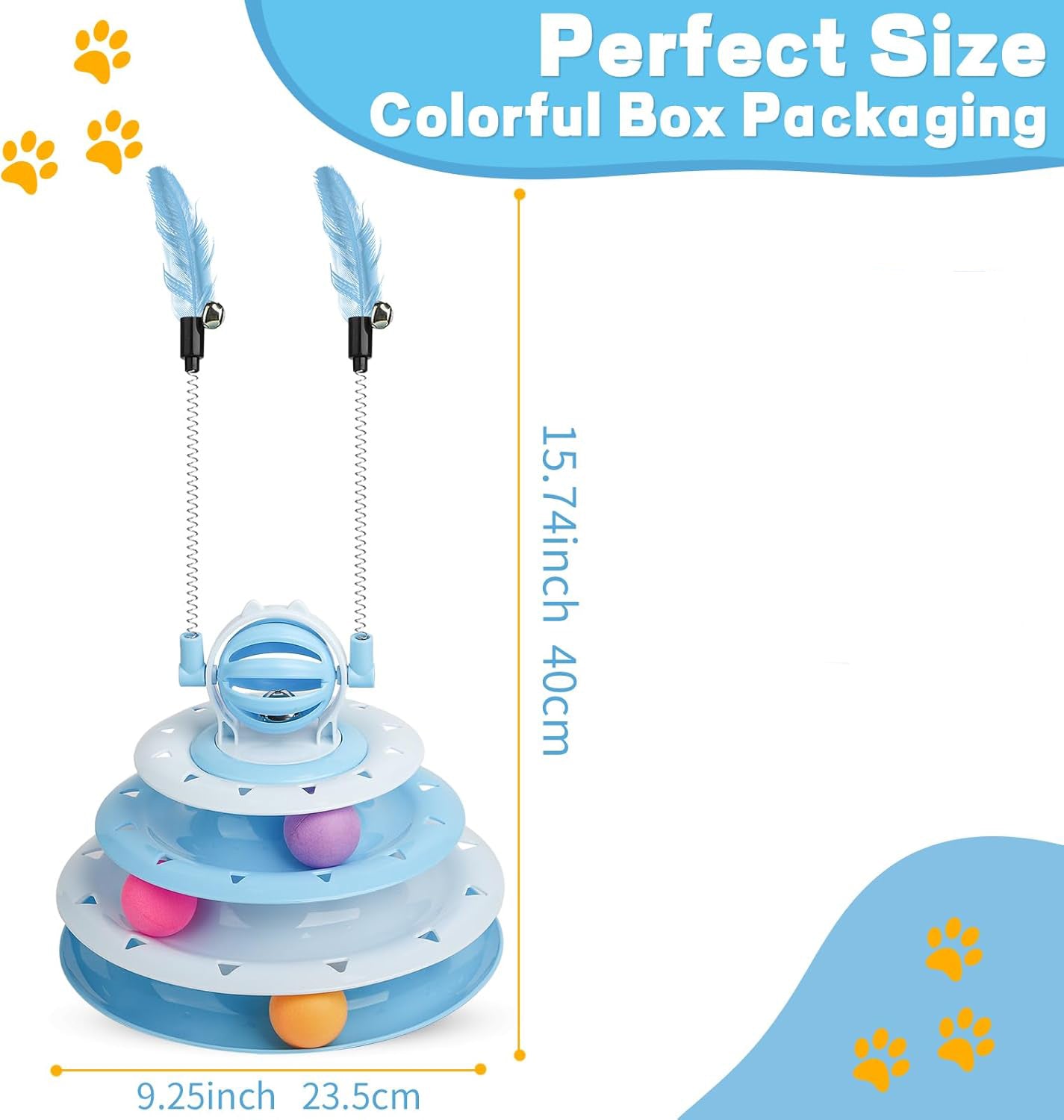 PawPlay interactive cat puzzle tower packaging and product dimensions