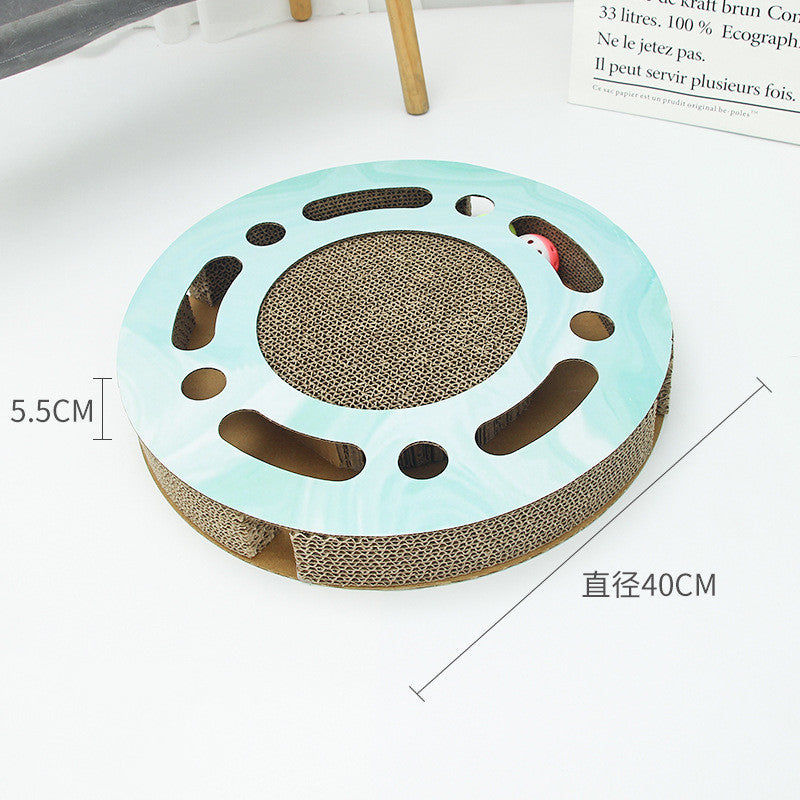 Round PawPuzzle™ interactive cat scratching board with built-in rolling ball track.