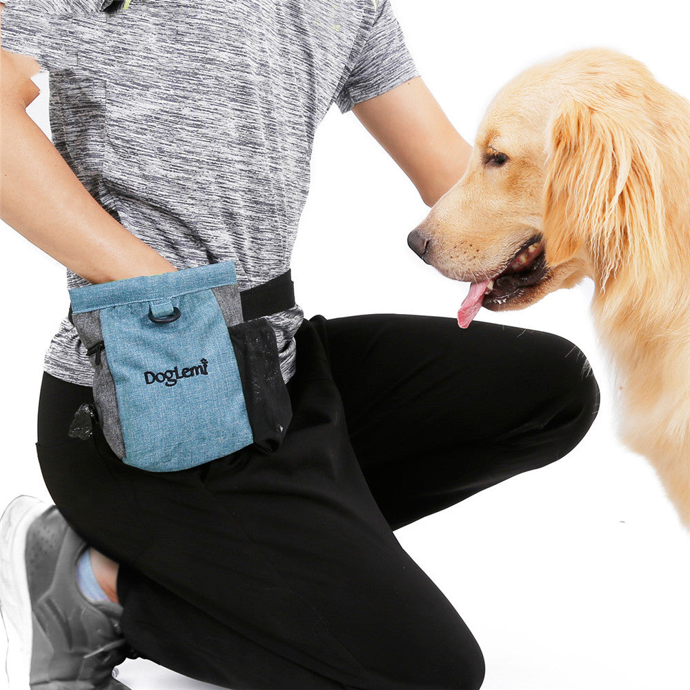PawTreat™ portable dog training treat pouch in blue, worn around the waist during dog training.