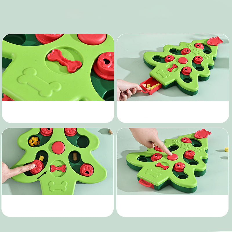 Interactive pet puzzle toy featuring sliding compartments for treats or kibble