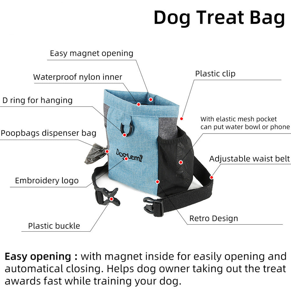 Close-up of the PawTreat™ portable dog treat bag showing its spacious storage and durable design.