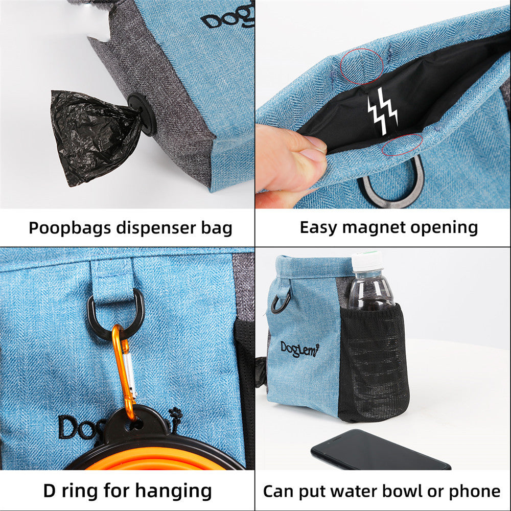 Waterproof dog treat pouch for carrying training treats during daily walks and outdoor activities.