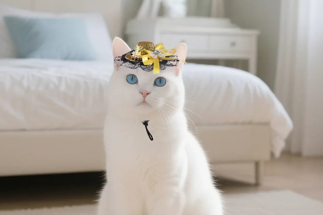 White cat posing with PawParty™ blue party hat — ideal cat photo prop for celebrations