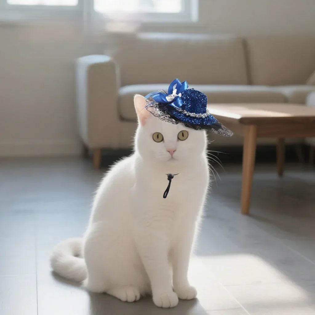 White cat wearing PawParty™ blue lace party hat — PawsomeHaven cat birthday accessory