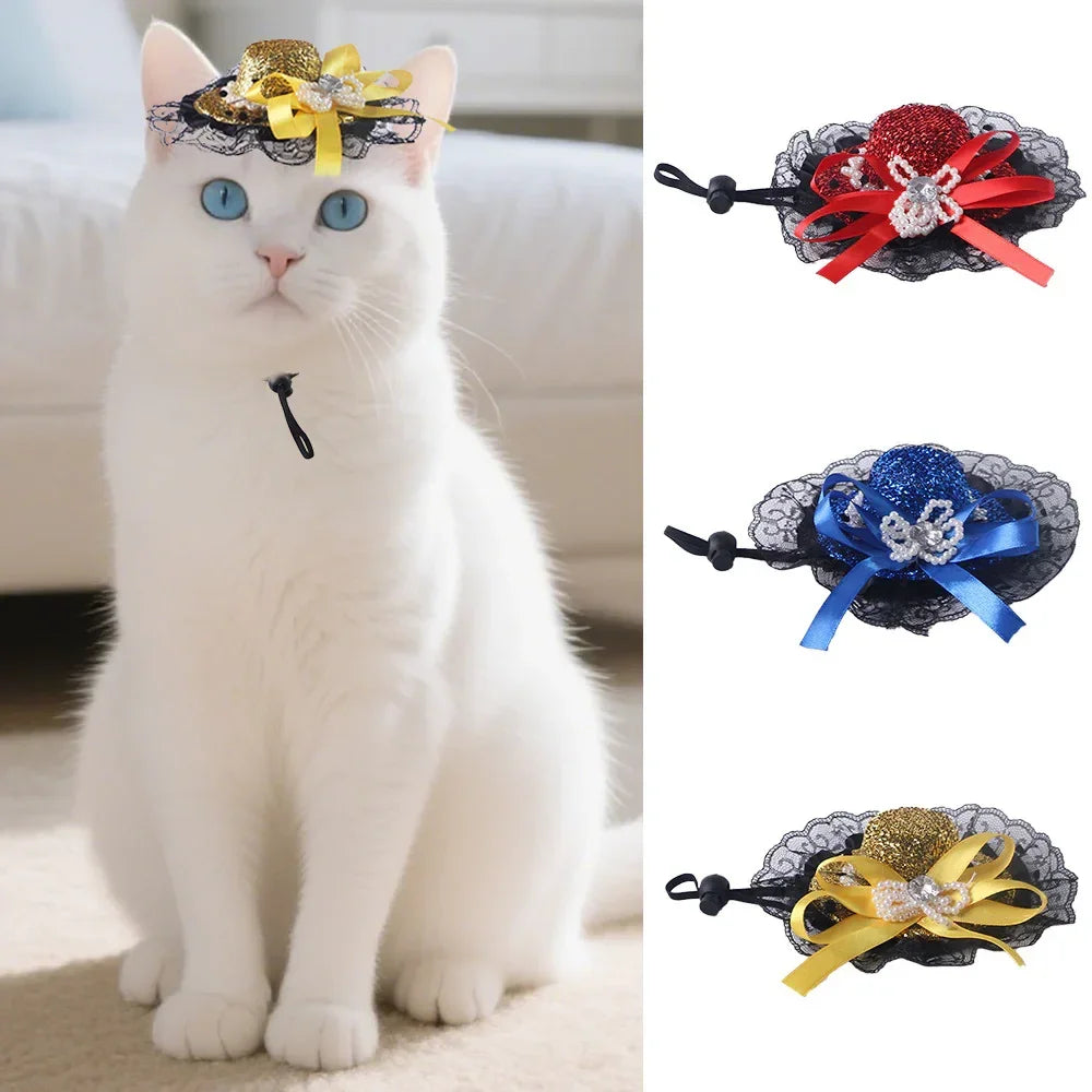 PawParty™ blue lace cat party hat side view — lightweight and comfortable for cats