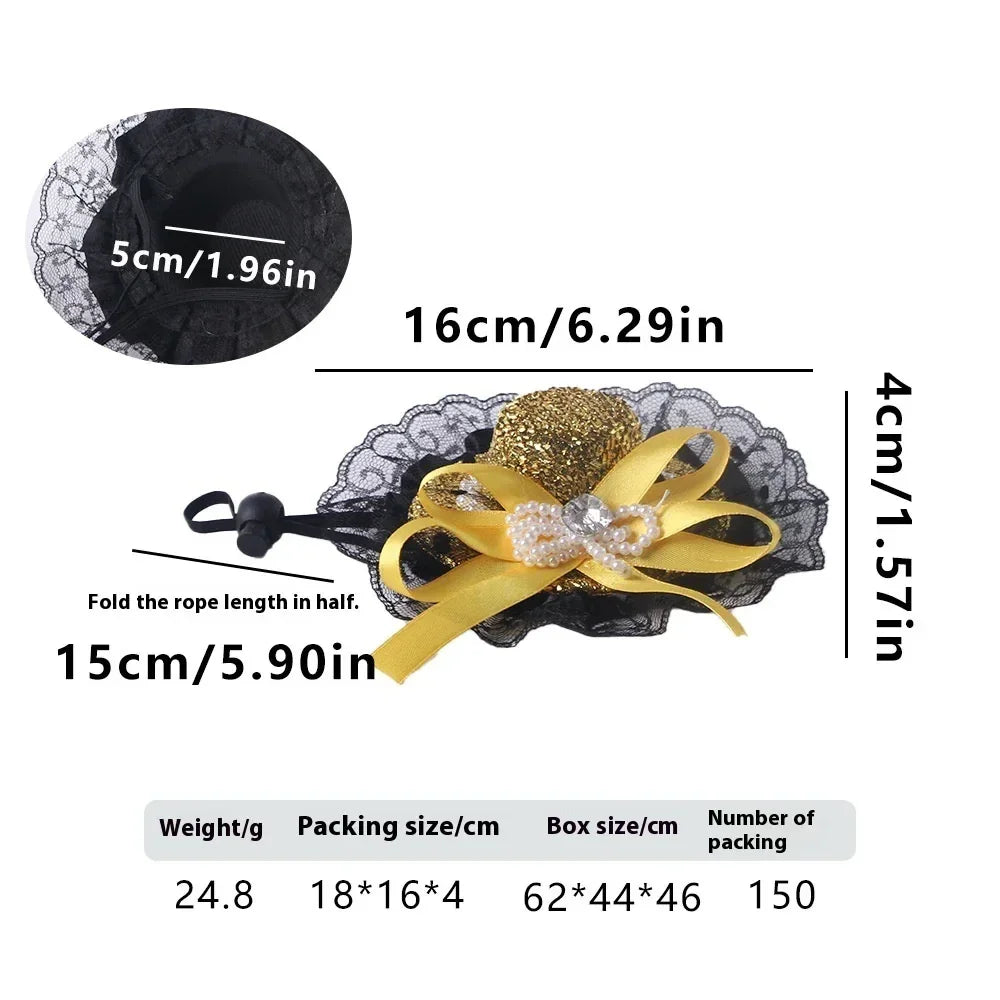 PawParty™ black lace bow with gold glitter and pearl accent — cat party hat detail shot